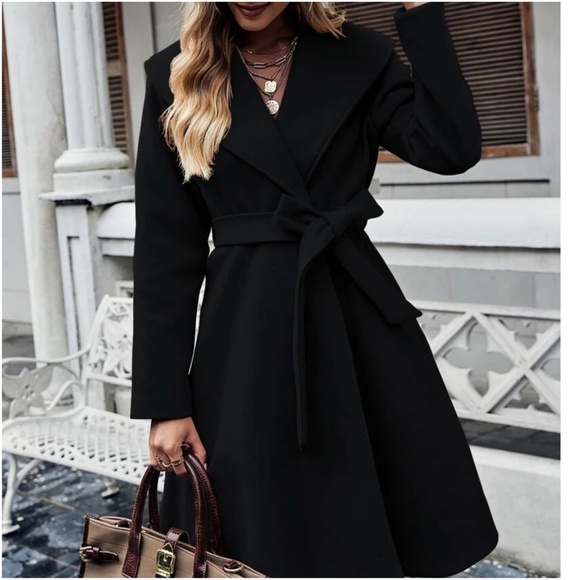 Classic Wide Collar Belted Double Breasted Jacket Coat - Picture 8 of 8